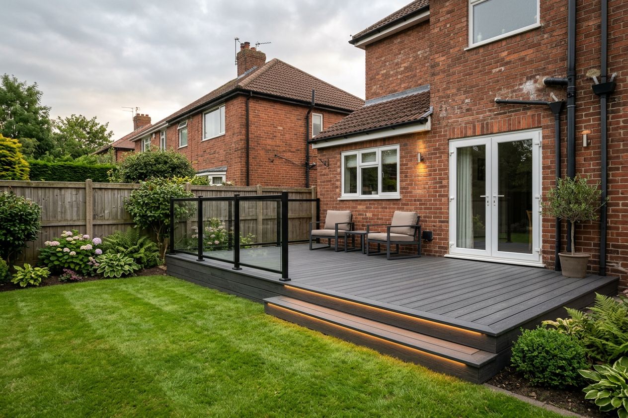 Charcoal composite deck with a glass balustrade and lit steps behind a red-brick semi